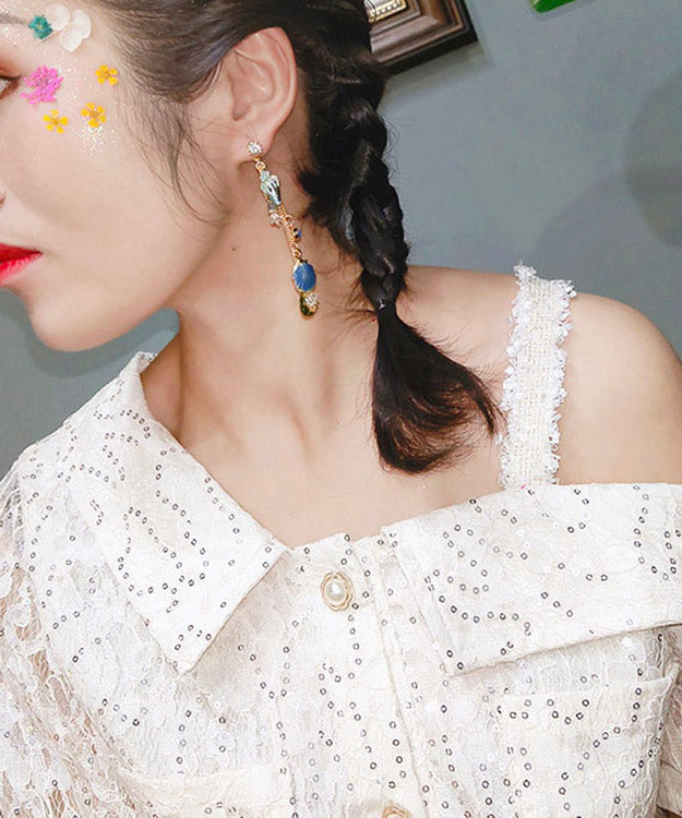 Colorblock Alloy Zircon Crystal Tassel Drop Earrings