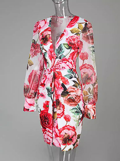 Bodycon Long Sleeves Flower Print Knot Mesh Split-joint Deep V-neck Mini Dresses