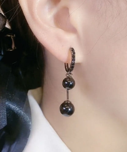 Black Alloy Inlaid Gem Stone Drop Earrings