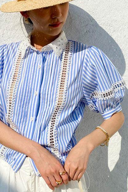 Stripe Lace Puff Sleeve Blouse