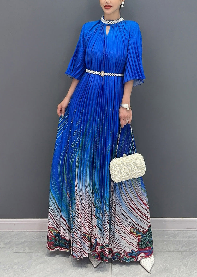 Unique Blue Stand Collar Print Wrinkled Long Dress Summer Ao1002