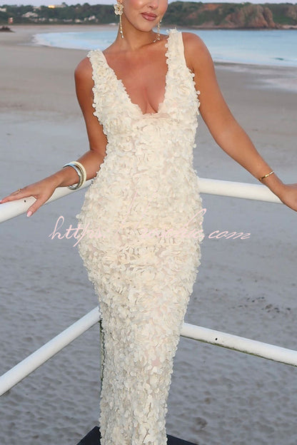 Champagne Party Rose Applique Slit Pencil Maxi Dress