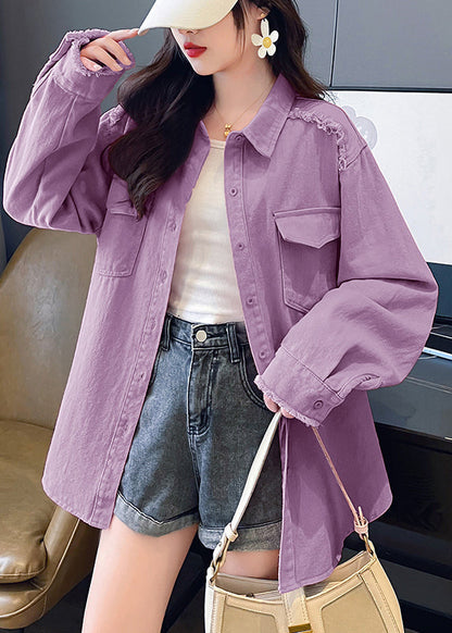 Pink Peter Pan Collar Pockets Denim Shirts Coat Fall Qx021