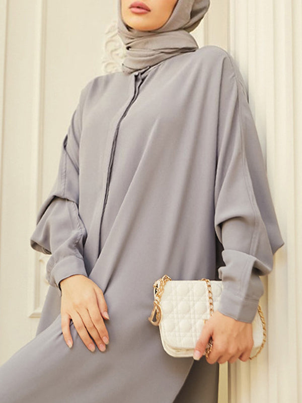 Batwing Sleeves Loose Buttoned Muslim Color Split-side Round-neck Maxi Dresses