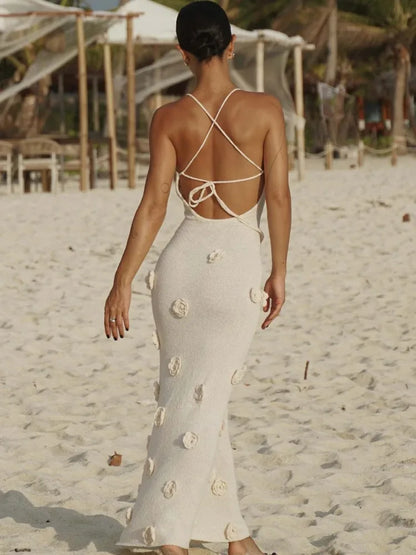Knit Sweater Halter Dresses Backless Lace-up Patchwork V-neck Slim Knitwear Female Party Maxi Dress