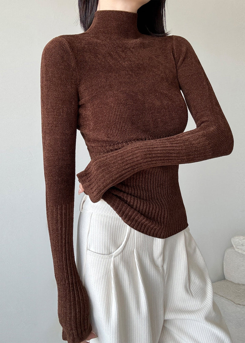 Slim Fit Brown Hign Neck Patchwork Knit Sweaters Winter Rv039