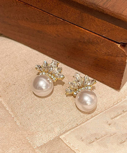 Gold Copper Alloy Zircon Leaf Pearl Stud Earrings