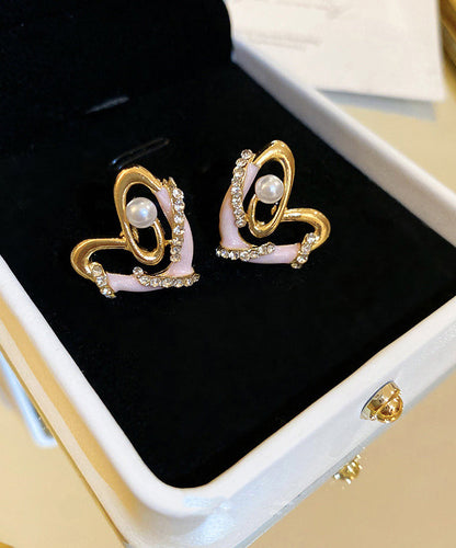 Colorblock Alloy Zircon Pearl Love Drip Glaze Stud Earrings
