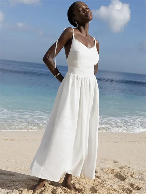 Lace-up Backless Long Dress Female High Waist Halter Dresses Holiday Beach Slim Bandage Maxi Dress