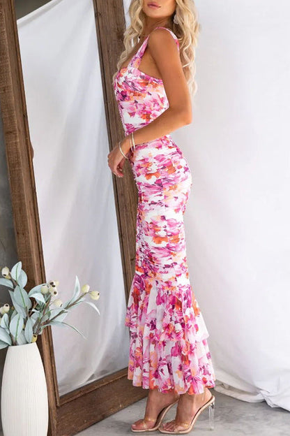 Styled to Perfection Ruched Mesh Overlay Ruffle Hem Maxi Dress
