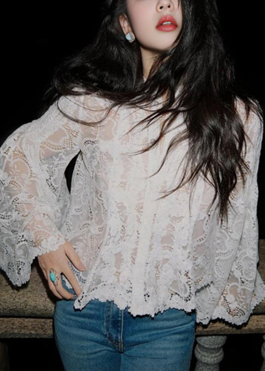 Stylish White Button Hollow Out Lace Blouses Flare Sleeve Qp056