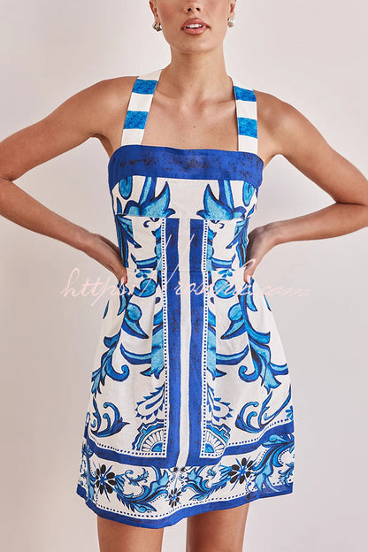 Channeling Summer Linen Blend Unique Print Wide Strap Pocketed Mini Dress