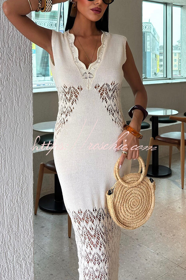 Color Hollow Knitted V-neck Slim Fishtail Maxi Dress