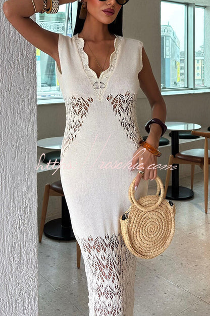 Color Hollow Knitted V-neck Slim Fishtail Maxi Dress