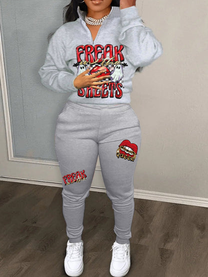 Letter Print Zipper Design Pants Set At9021