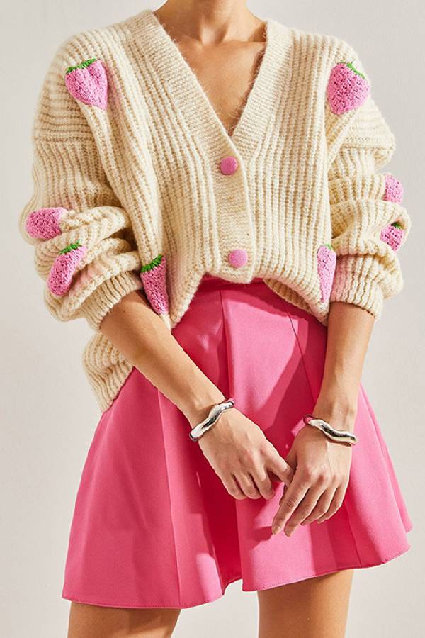 Sweet V-neck Beige Strawberry Decorated Cardigan Sweater