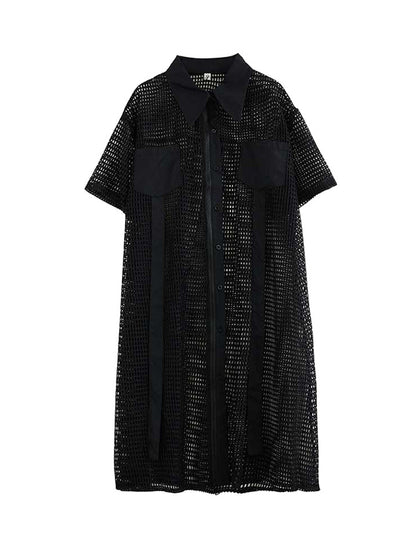 Half Sleeves Loose Hollow Color Split-joint Zipper Lapel Midi Dresses Shirt Dress