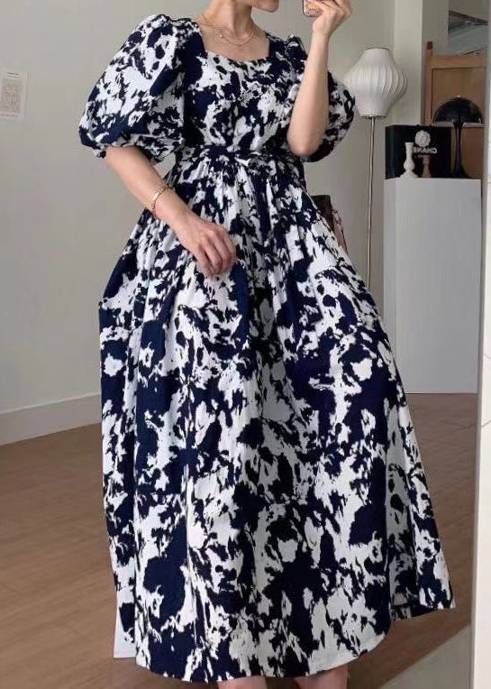 Black Square Collar Print Cotton Long Dress Summer Qp005