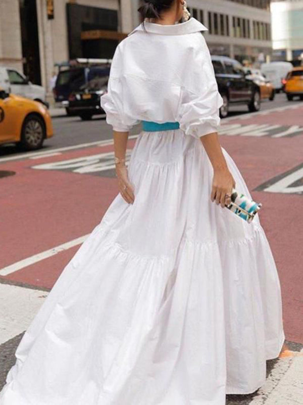 Long Sleeves Loose Belted Pleated Color Lapel Maxi Dresses