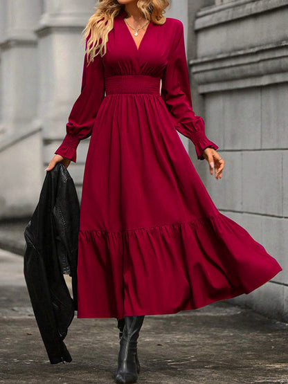 A-line Flared Sleeves Elasticity Pleated Color V-neck Midi Dresses