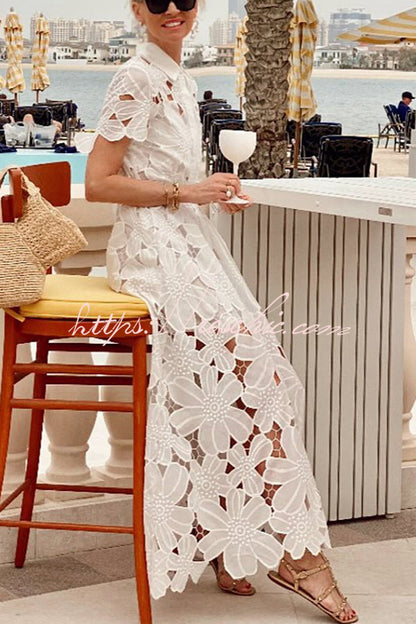 Dubai Style Crochet Lace Short Sleeve Tie-up Shirt Maxi Dress