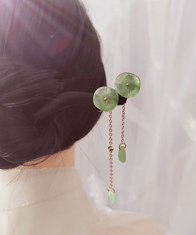 Green Xylogen Lotus Flower Tassel Hairpin