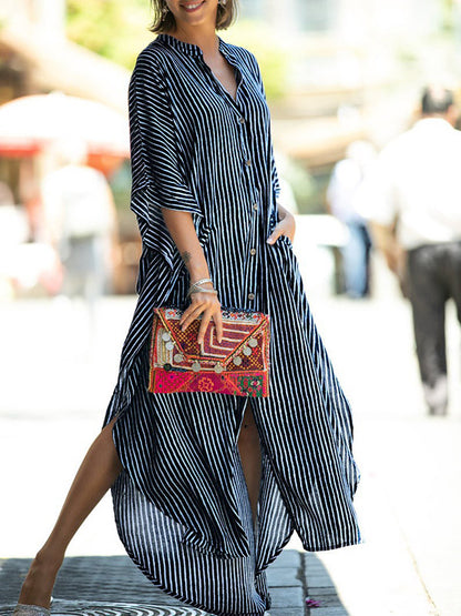 Batwing Sleeves Half Sleeves Buttoned Pockets Striped Round-neck Beach Cover-up Maxi Dresses