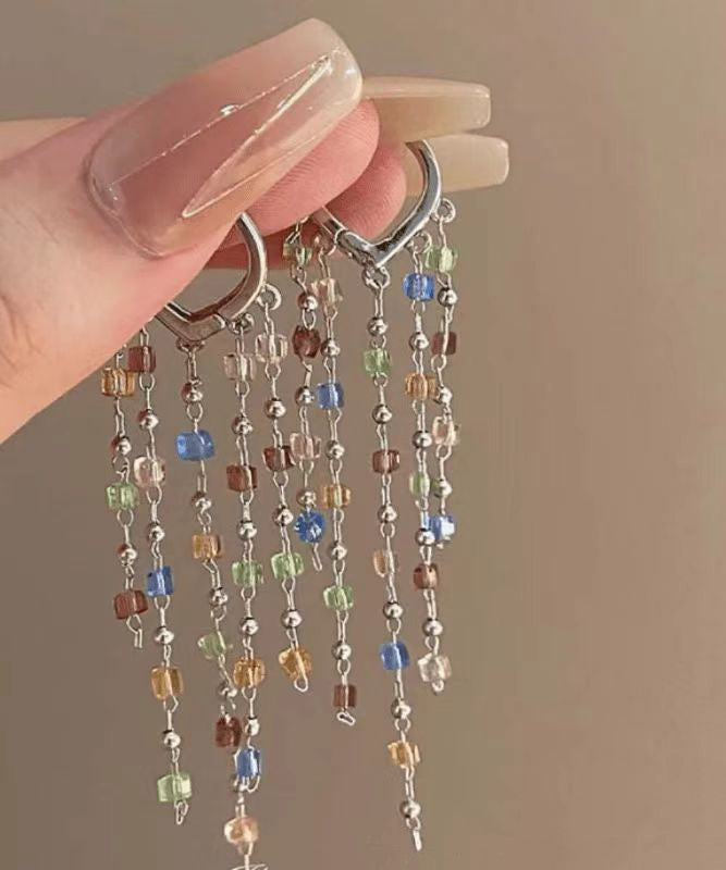 Rainbow Metal Crystal Block Tassel Drop Earrings