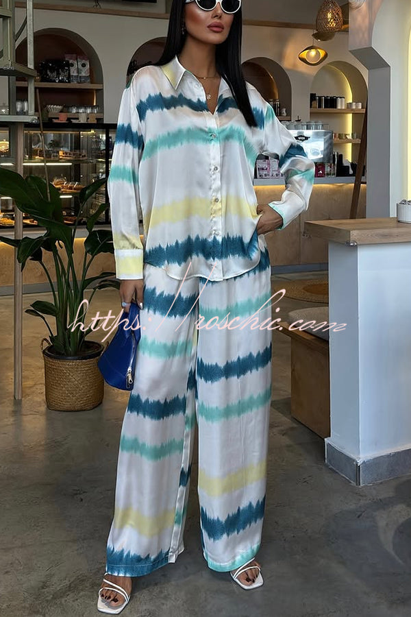 Lizbeth Satin Tie Dye Print Long Sleeve Shirt and Elastic Waist Pocketed Pants Set