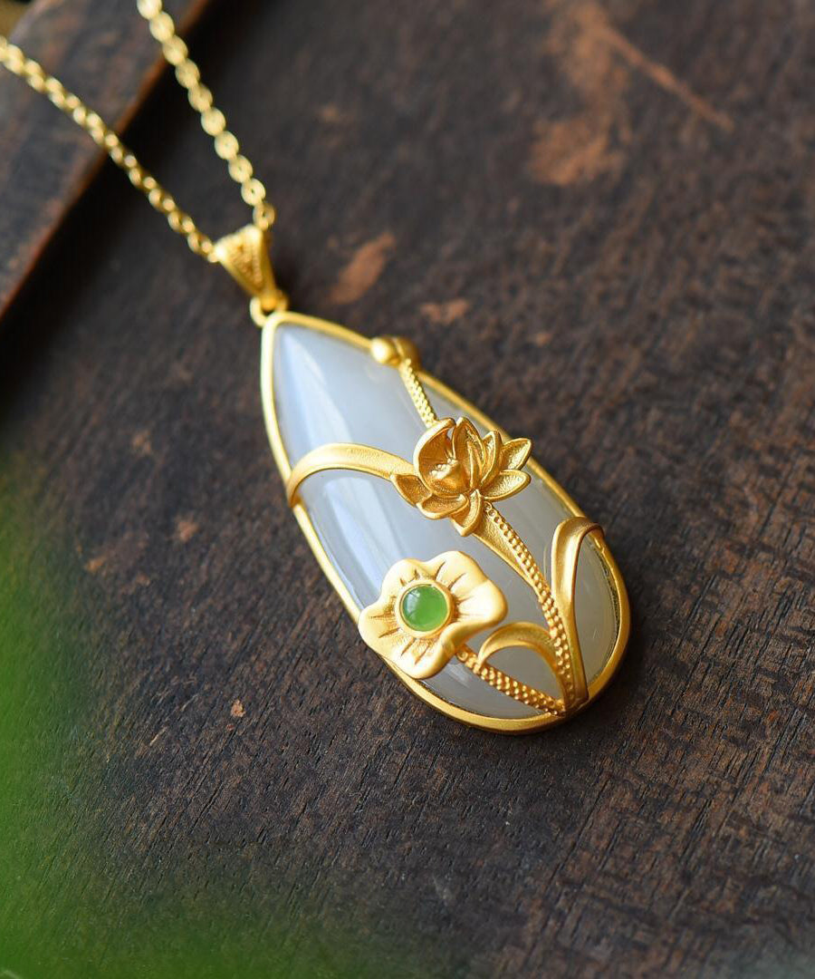 Gold Sterling Silver Overgild Inlaid Jade Lotus Water Dro Pendant Necklace