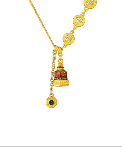 Chinese Style Gold Ancient Gold Crystal Enamel Lariat Necklace