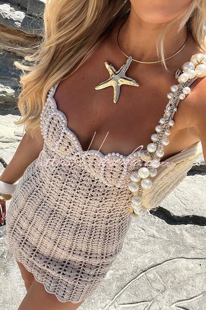 Pearl Embellished Knit Hollow Strap Mini Dress