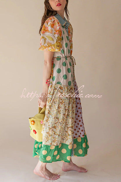 Linen Blend Unique Print Lapel Puff Sleeve Midi Dress
