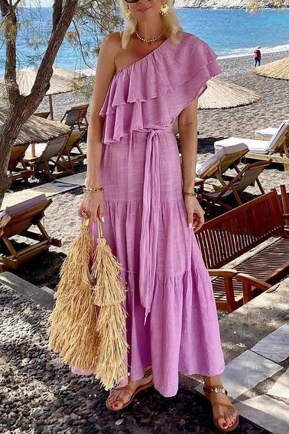 Linen Blend Color Oblique Collar Ruffle Waist Tie Maxi Dress