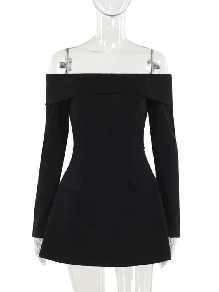 Off-shoulder Long Sleeve Mini Dress for Two Pocket Strapless Backless A-line Club Party Dress