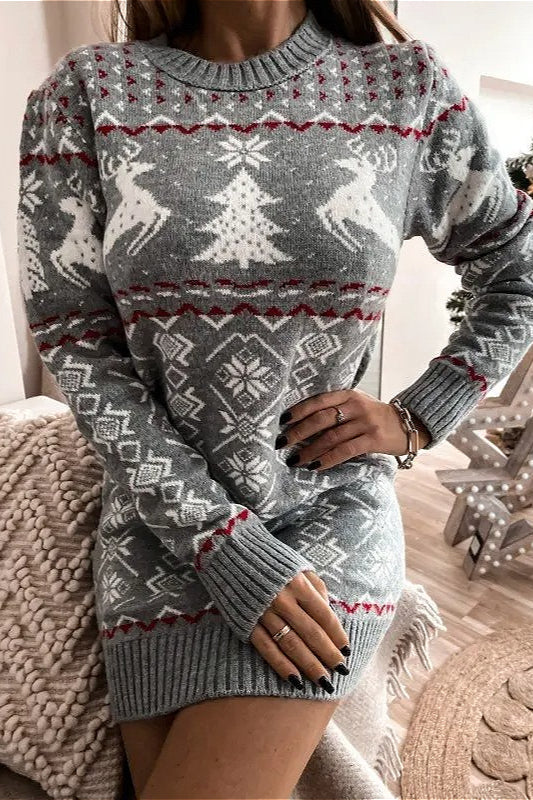 Knit Christmas Reindeer Color Block Fitted Mini Dresses