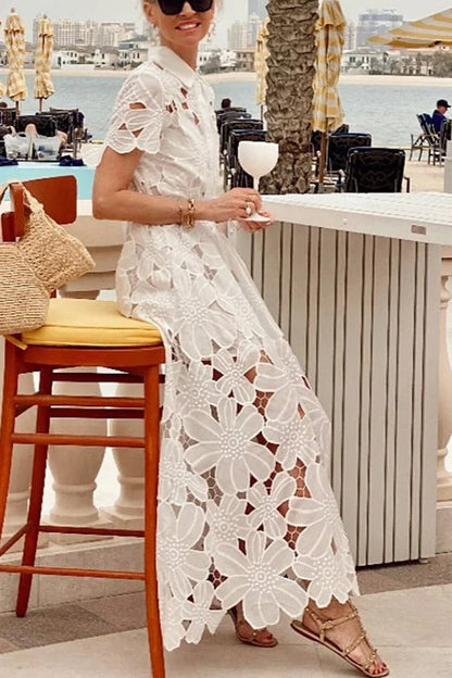 Dubai Style Crochet Lace Short Sleeve Tie-up Shirt Maxi Dress