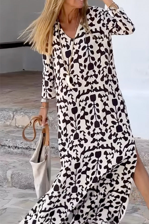 Ibiza Print Loose V Neck Long Sleeve Long Dress