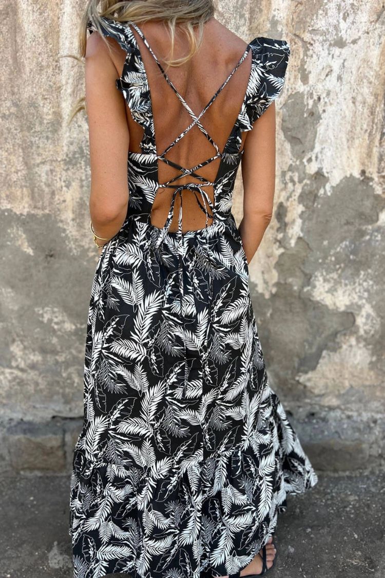 Hollow Tie Feather Print Ruffle Sleeve Maxi Dress