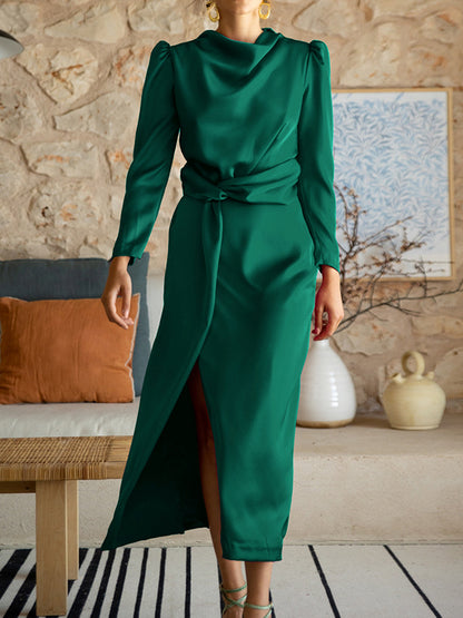 A-line High Waisted Pleated Color Split-front Mock Neck Maxi Dresses