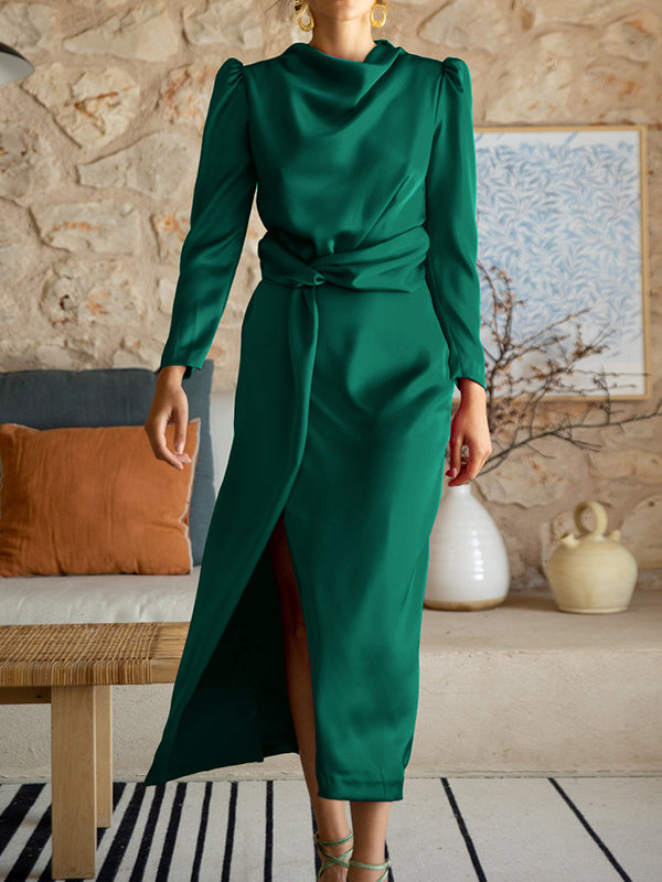 A-line High Waisted Pleated Color Split-front Mock Neck Maxi Dresses