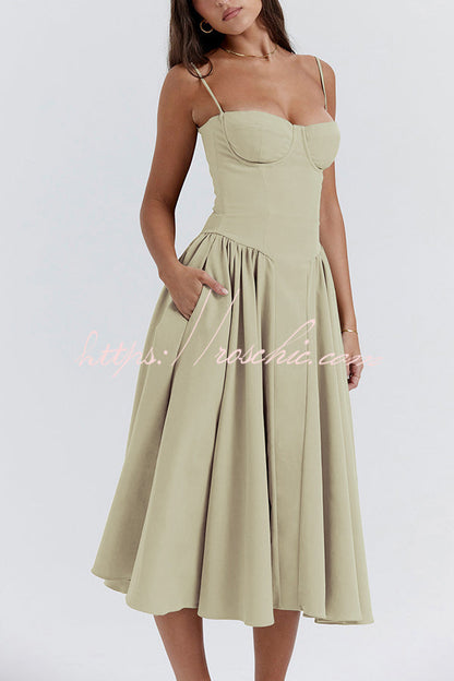 Color Slim Fit Suspender Pocket Midi Dress