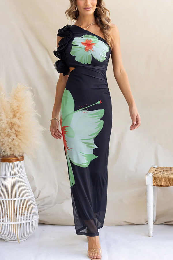 Print One-shoulder Fitted Mesh Maxi Dress