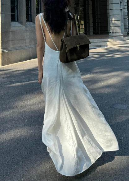 Simple Style White O Neck Cotton Long Dress Sleeveless Ee051