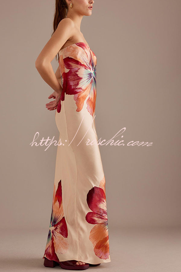 Charming Lady Satin Print Bandeau Loose Maxi Dress