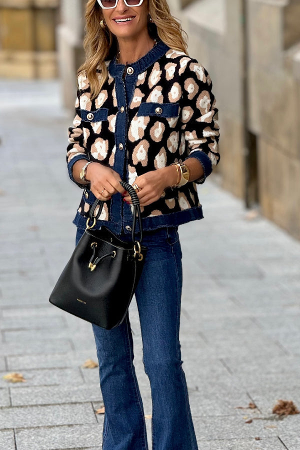 Button Cardigan With Printed Trim