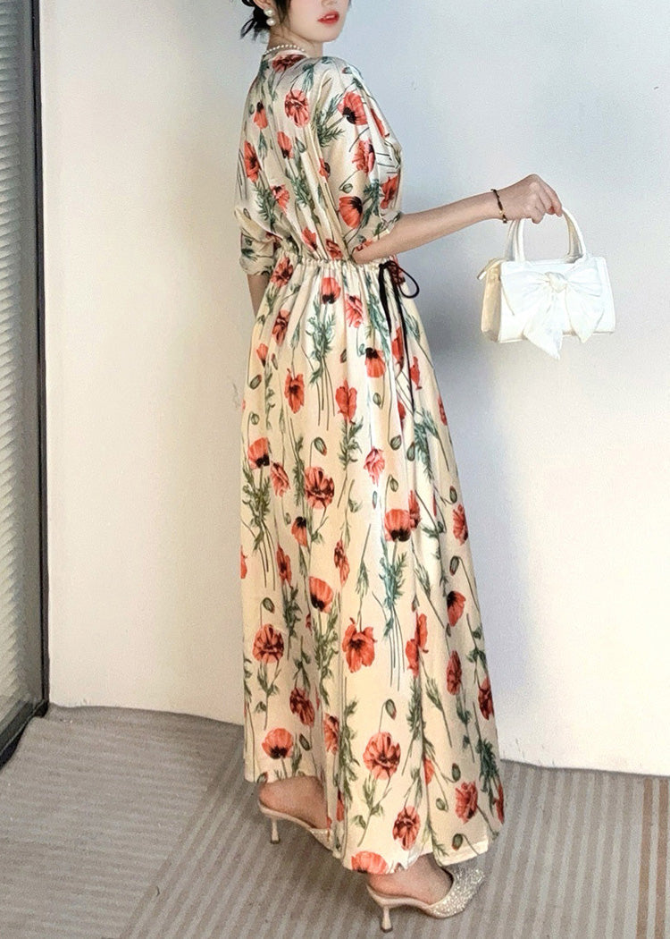 Handmade Apricot V Neck Print Cinched Holiday Long Dress Summer Ao1028
