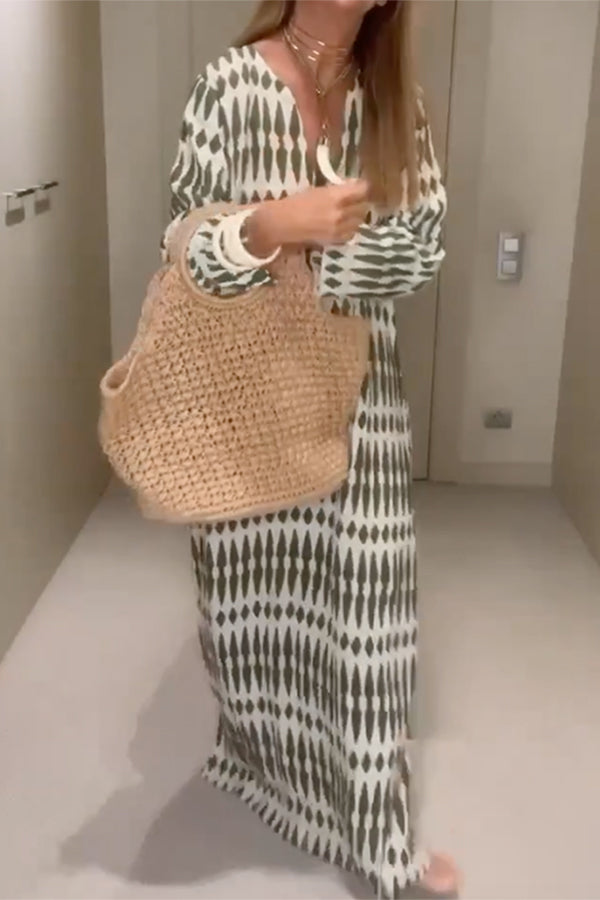 Loose Printed Long Sleeves Loose V-neck Maxi Dresses