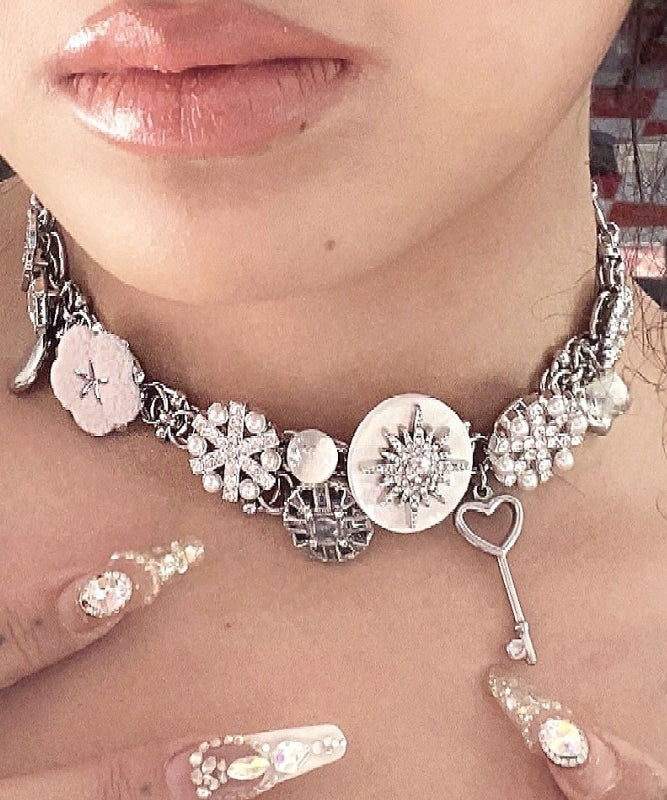 Silk Sterling Silver Snowflake Button Collar Necklace