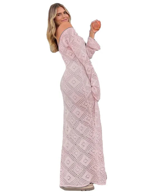 See-through Loose Dress Flared Sleeve for Backless Hollow Out Holiday Beach Outfits V-neck Pullover Maxi Dress